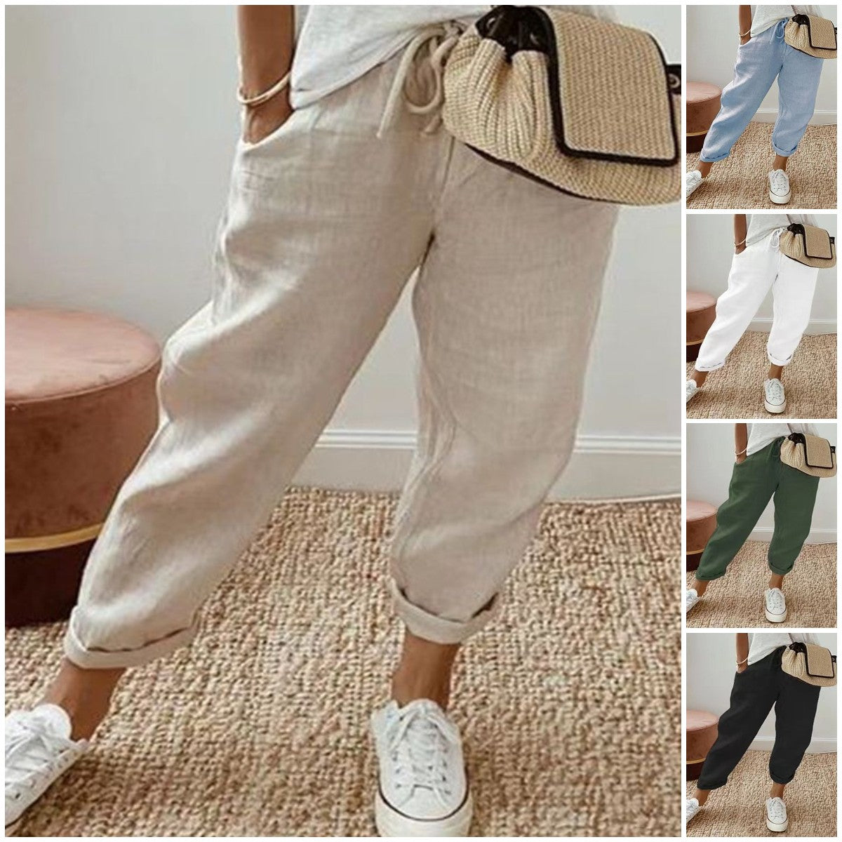 【S-3XL】Pantalones casuales de algodón y lino para mujer, de nueva moda de primavera, multicolor