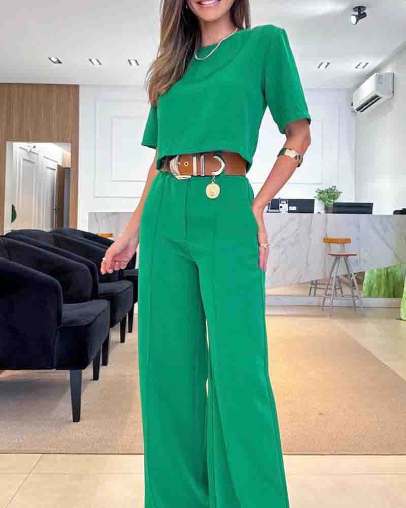 💃【Oferta ograniczona czasowo】💖✨Nowy damski T-shirt z okrągłym dekoltem i krótkim rękawem, spodnie z szerokimi nogawkami Garnitur casual