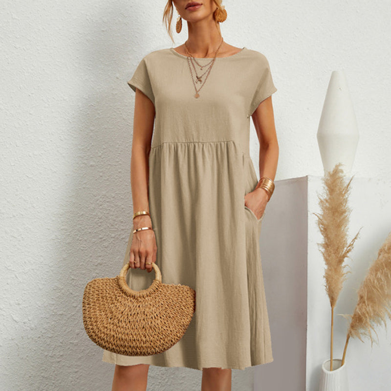 Vestido holgado de lino y algodón con cuello redondo para mujer, tallas S-5XL, 2025