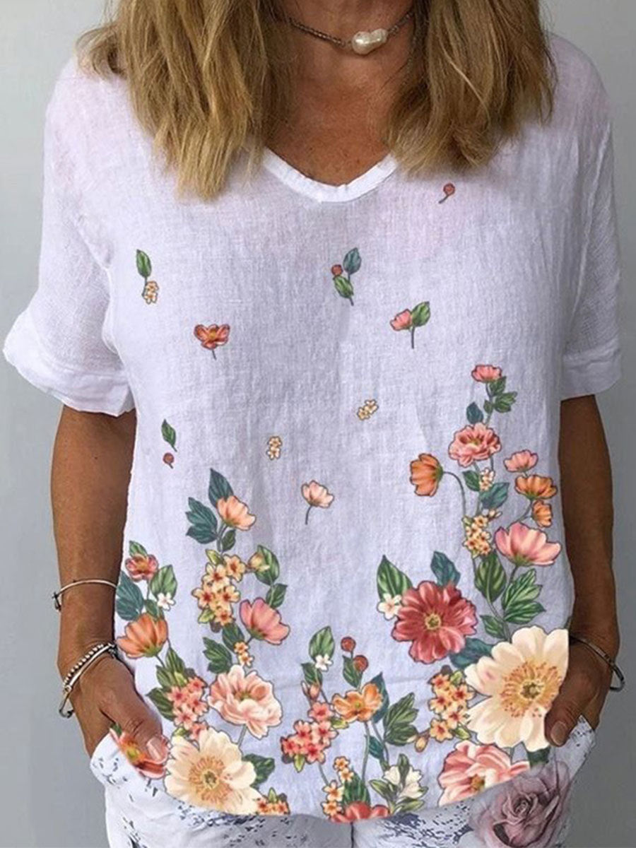 ššćS-5XLć2025 šT-shirt z krótkim rÄkawem i baweÅnianÄ
lnianÄ
nadrukiem w kwiaty
