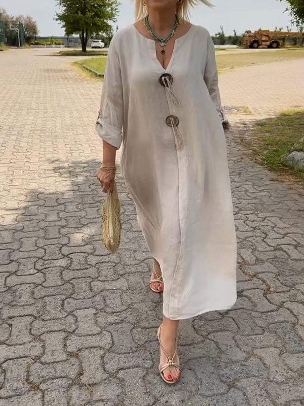💖👗【S-5XL】Ležerna haljina od pamuka i lana s V-izrezom