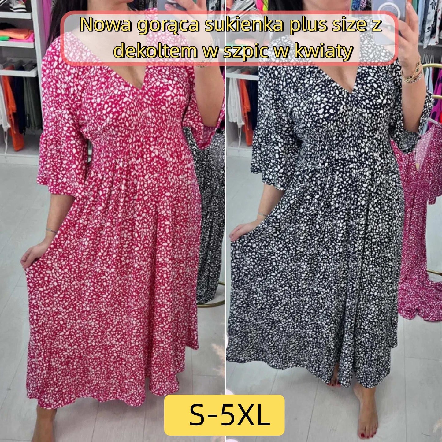 【S-5XL】Nowa gorąca sukienka plus size z dekoltem w szpic w kwiaty