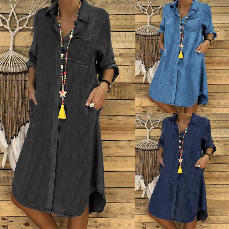 Vestido vaquero informal de talla grande para mujer 2024, color liso