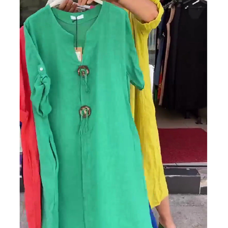 💖👗【S-5XL】Ležerna haljina od pamuka i lana s V-izrezom