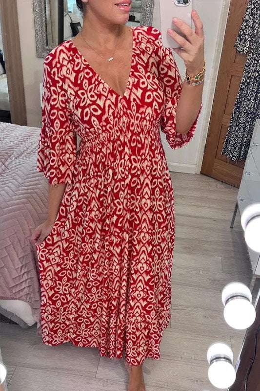 【S-5XL】Letnia sukienka Bohemian ze średnimi rękawami, dekoltem V, talią