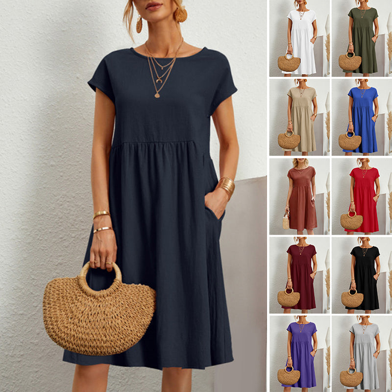 Vestido holgado de lino y algodón con cuello redondo para mujer, tallas S-5XL, 2025