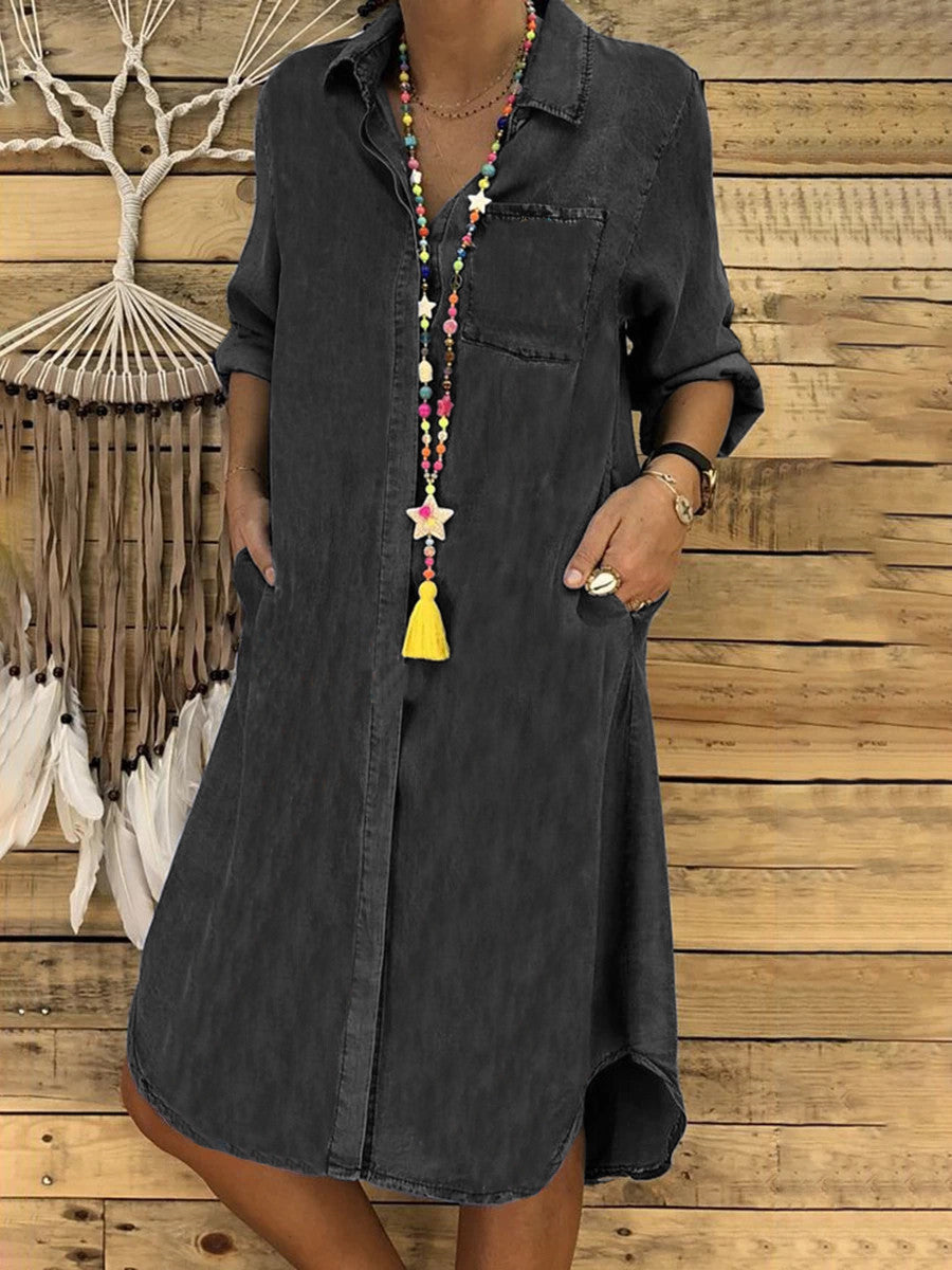 Vestido vaquero informal de talla grande para mujer 2024, color liso