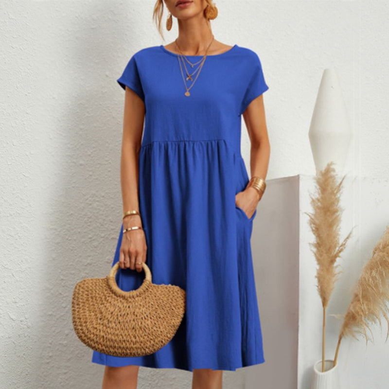 Vestido holgado de lino y algodón con cuello redondo para mujer, tallas S-5XL, 2025