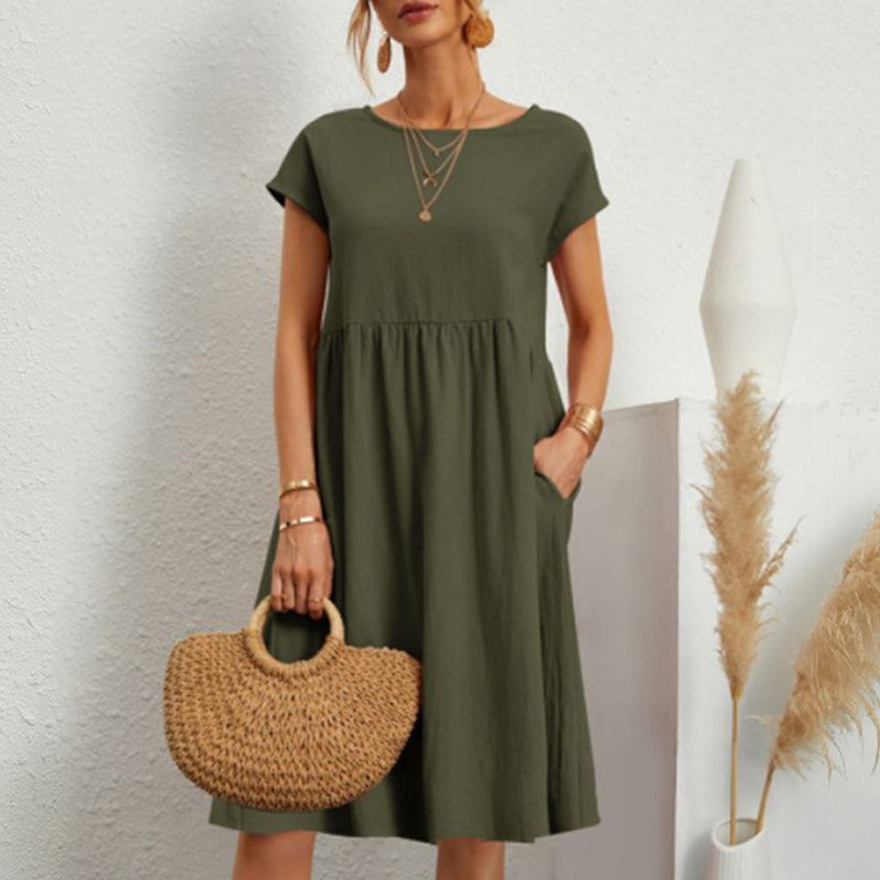 Vestido holgado de lino y algodón con cuello redondo para mujer, tallas S-5XL, 2025