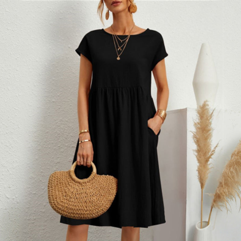 Vestido holgado de lino y algodón con cuello redondo para mujer, tallas S-5XL, 2025