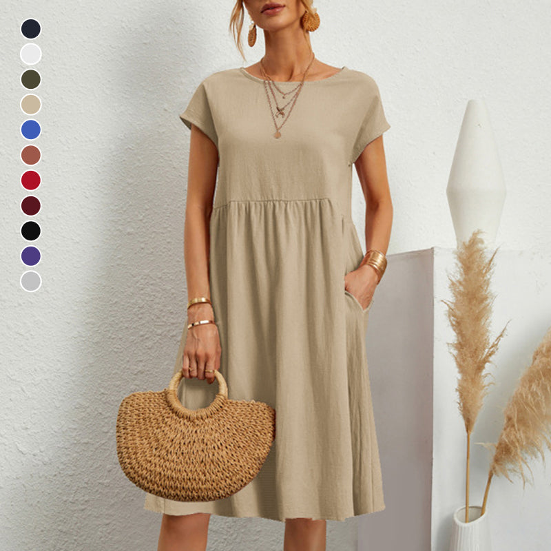 Vestido holgado de lino y algodón con cuello redondo para mujer, tallas S-5XL, 2025