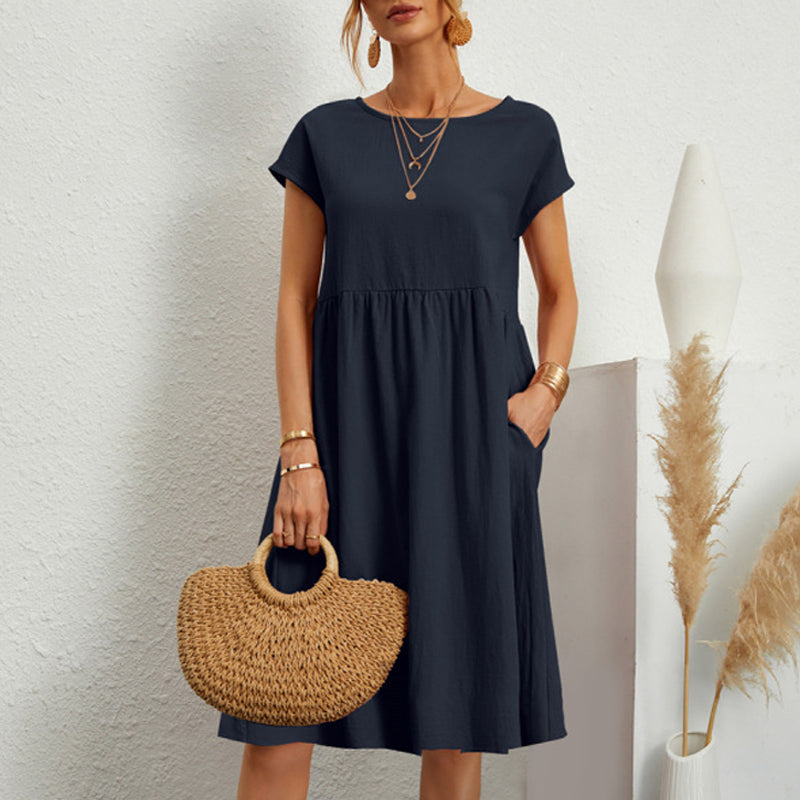 Vestido holgado de lino y algodón con cuello redondo para mujer, tallas S-5XL, 2025