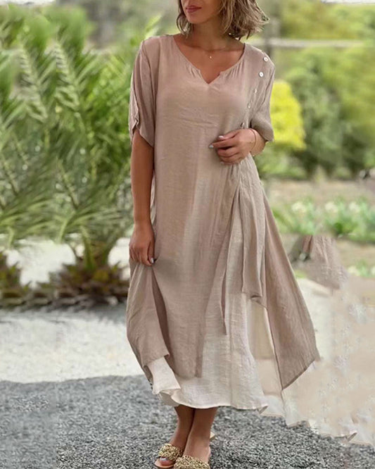💐💐【S-4XL】Modna, nieregularna, dwuczęściowa bawełniana sukienka z dekoltem w serek