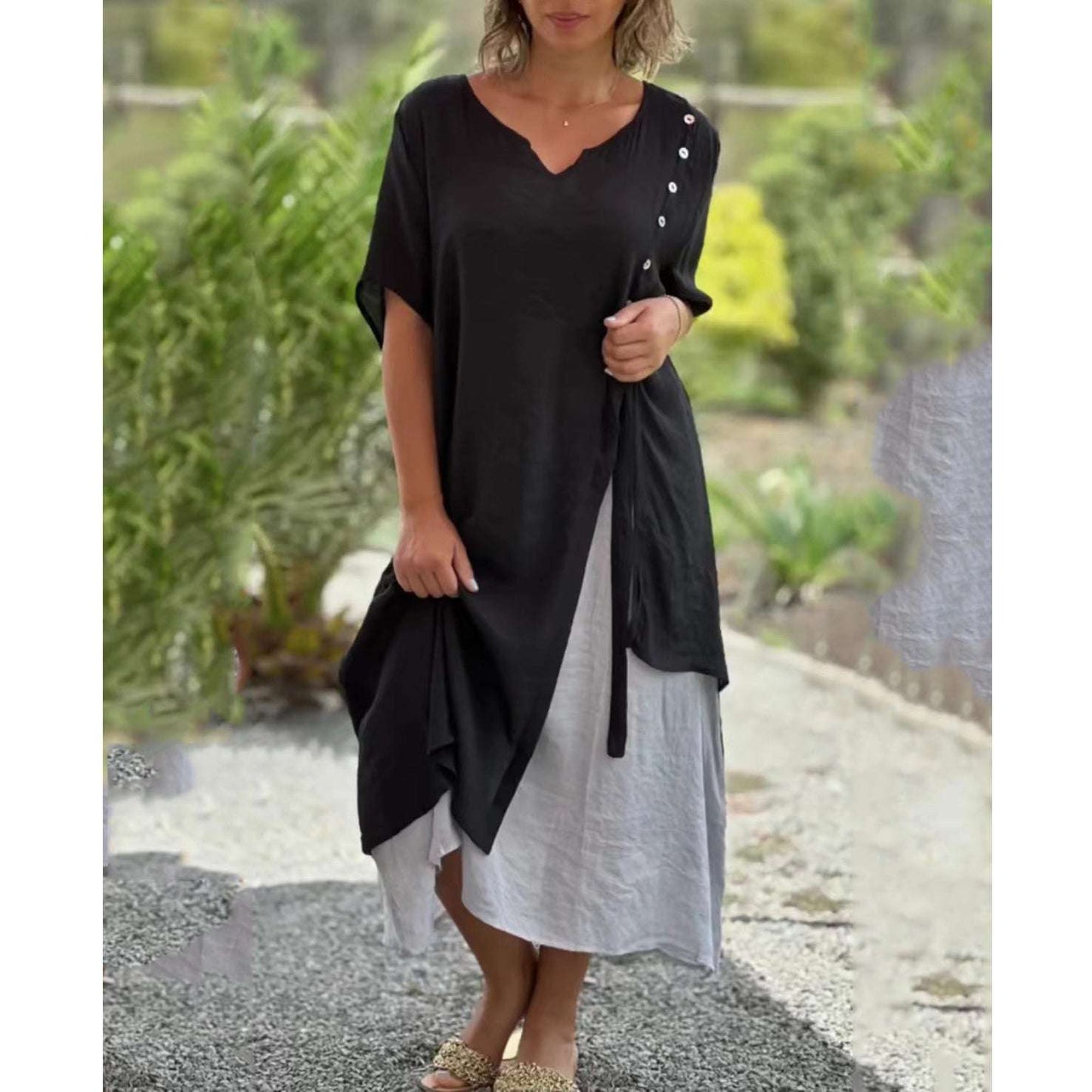 💐💐【S-4XL】Modna, nieregularna, dwuczęściowa bawełniana sukienka z dekoltem w serek