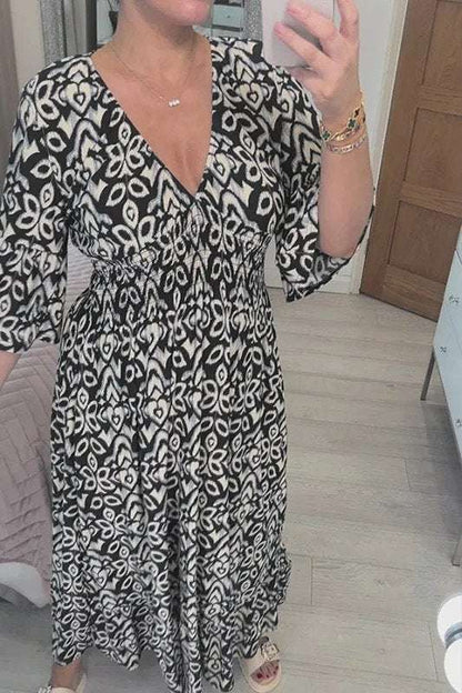 【S-5XL】Letnia sukienka Bohemian ze średnimi rękawami, dekoltem V, talią