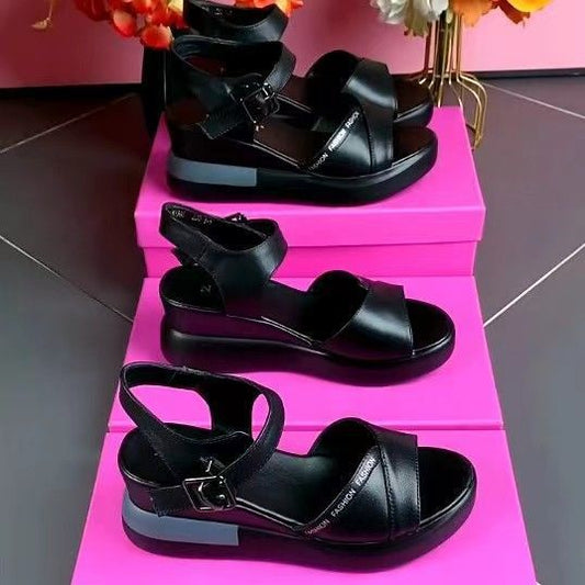 【35-40】Sandalias de cuña con boca de pez de cuero suave de verano