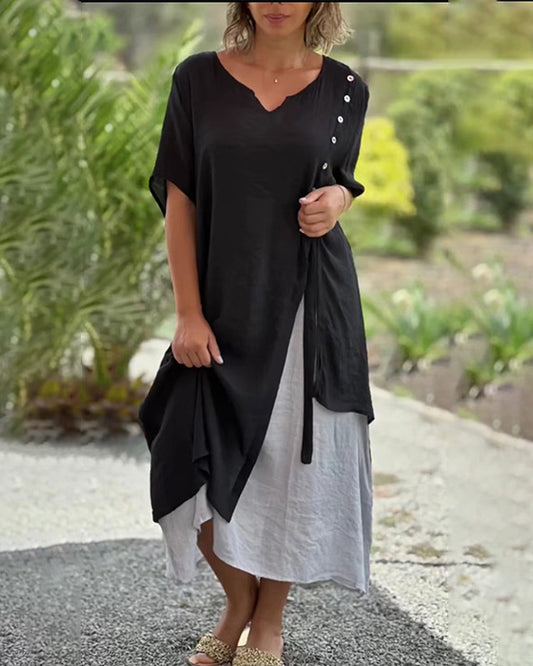 💐💐【S-4XL】Modna, nieregularna, dwuczęściowa bawełniana sukienka z dekoltem w serek
