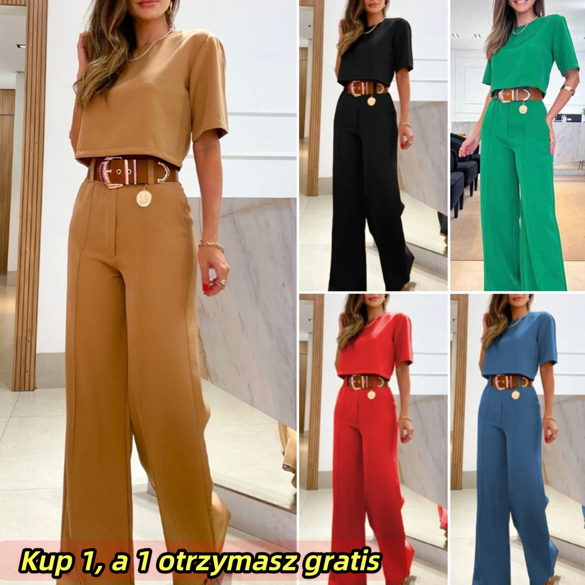 💃【Oferta ograniczona czasowo】💖✨Nowy damski T-shirt z okrągłym dekoltem i krótkim rękawem, spodnie z szerokimi nogawkami Garnitur casual