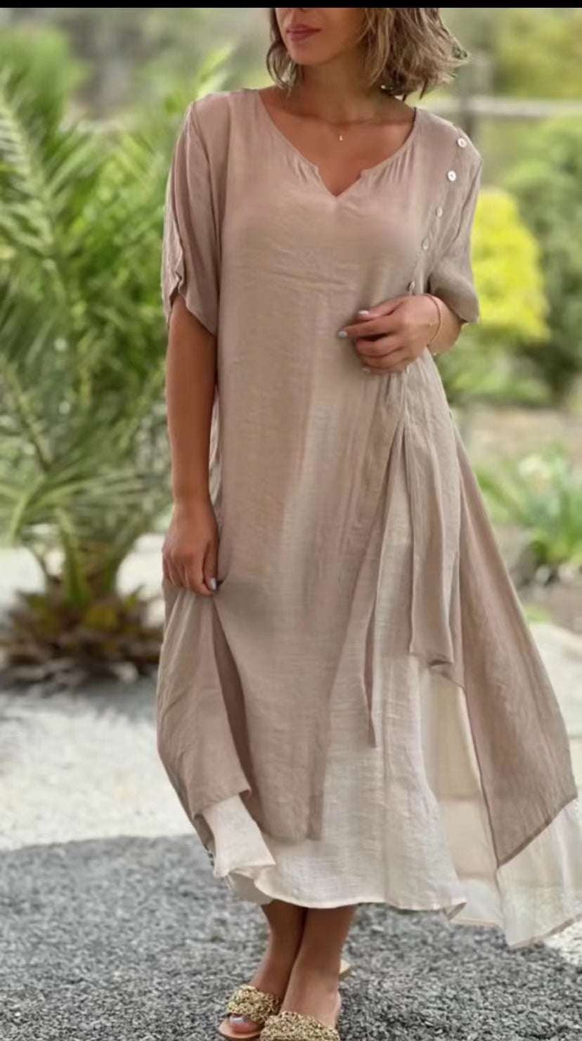 💐💐【S-4XL】Modna, nieregularna, dwuczęściowa bawełniana sukienka z dekoltem w serek