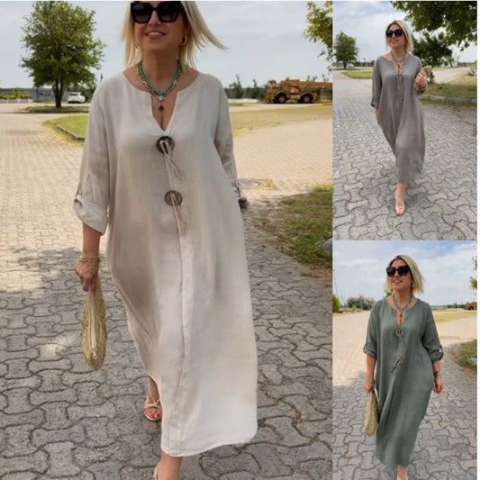 💖👗【S-5XL】Ležerna haljina od pamuka i lana s V-izrezom 