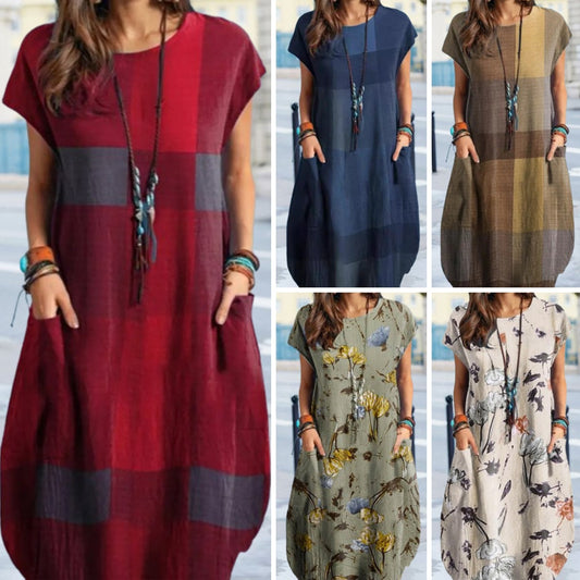 👗【S-5XL】Pamučna haljina s okruglim izrezom i printom