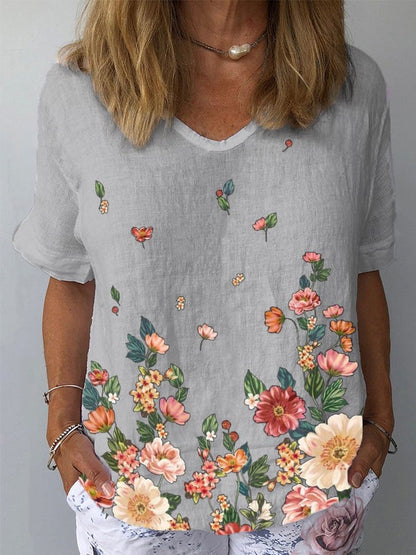 💐👕【S-5XL】2025 🌈T-shirt z krótkim rękawem i bawełnianą lnianą nadrukiem w kwiaty