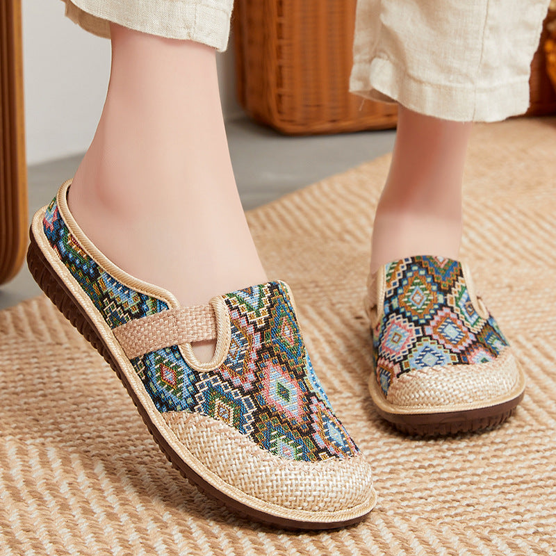 🥰【35-41】Klapki damskie z haftowaną lnianą miękką podeszwą