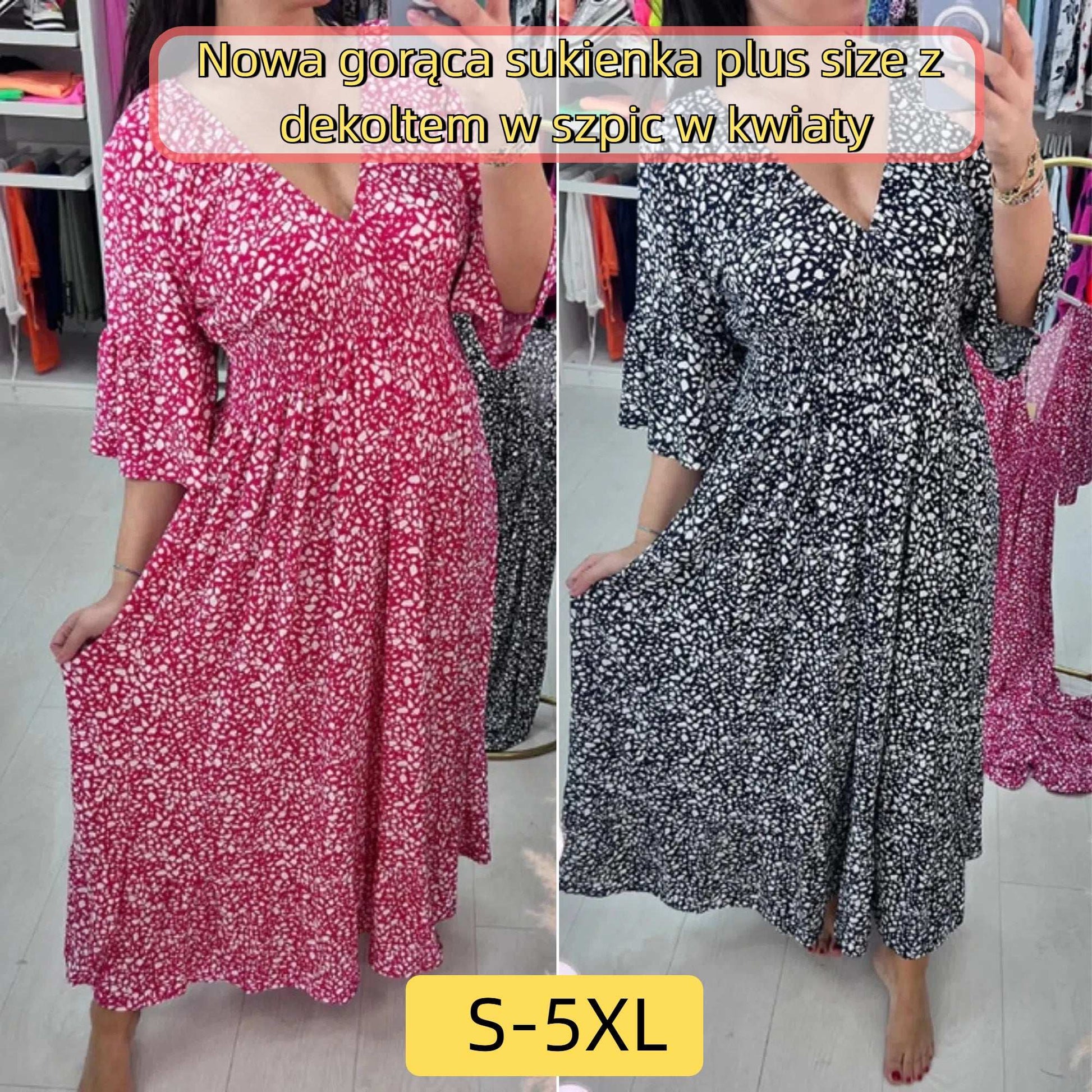 【S-5XL】Nowa gorąca sukienka plus size z dekoltem w szpic w kwiaty