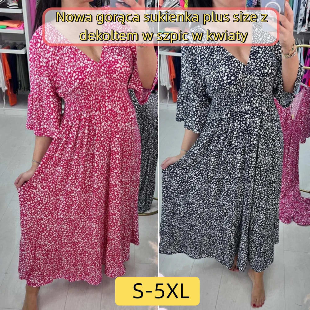 【S-5XL】Nowa gorąca sukienka plus size z dekoltem w szpic w kwiaty