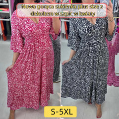 【S-5XL】Nowa gorąca sukienka plus size z dekoltem w szpic w kwiaty
