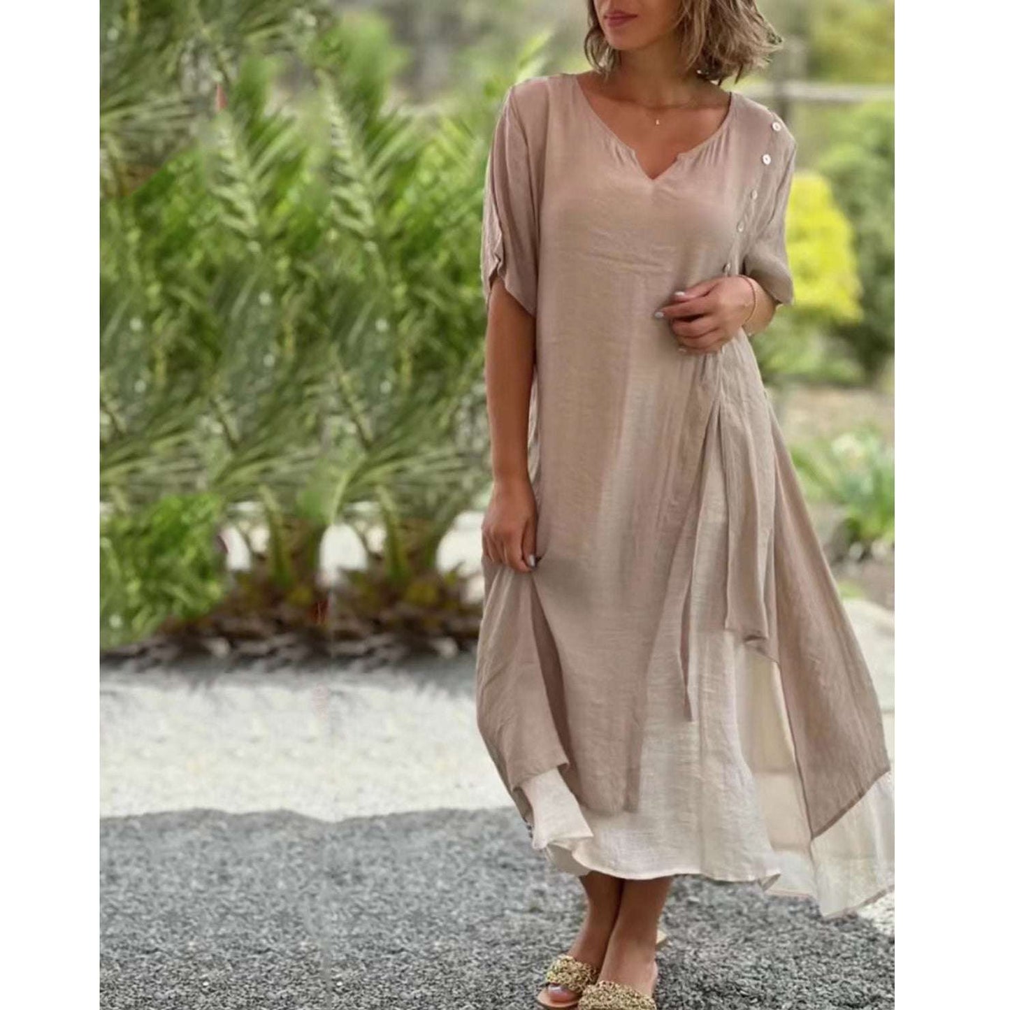 💐💐【S-4XL】Modna, nieregularna, dwuczęściowa bawełniana sukienka z dekoltem w serek