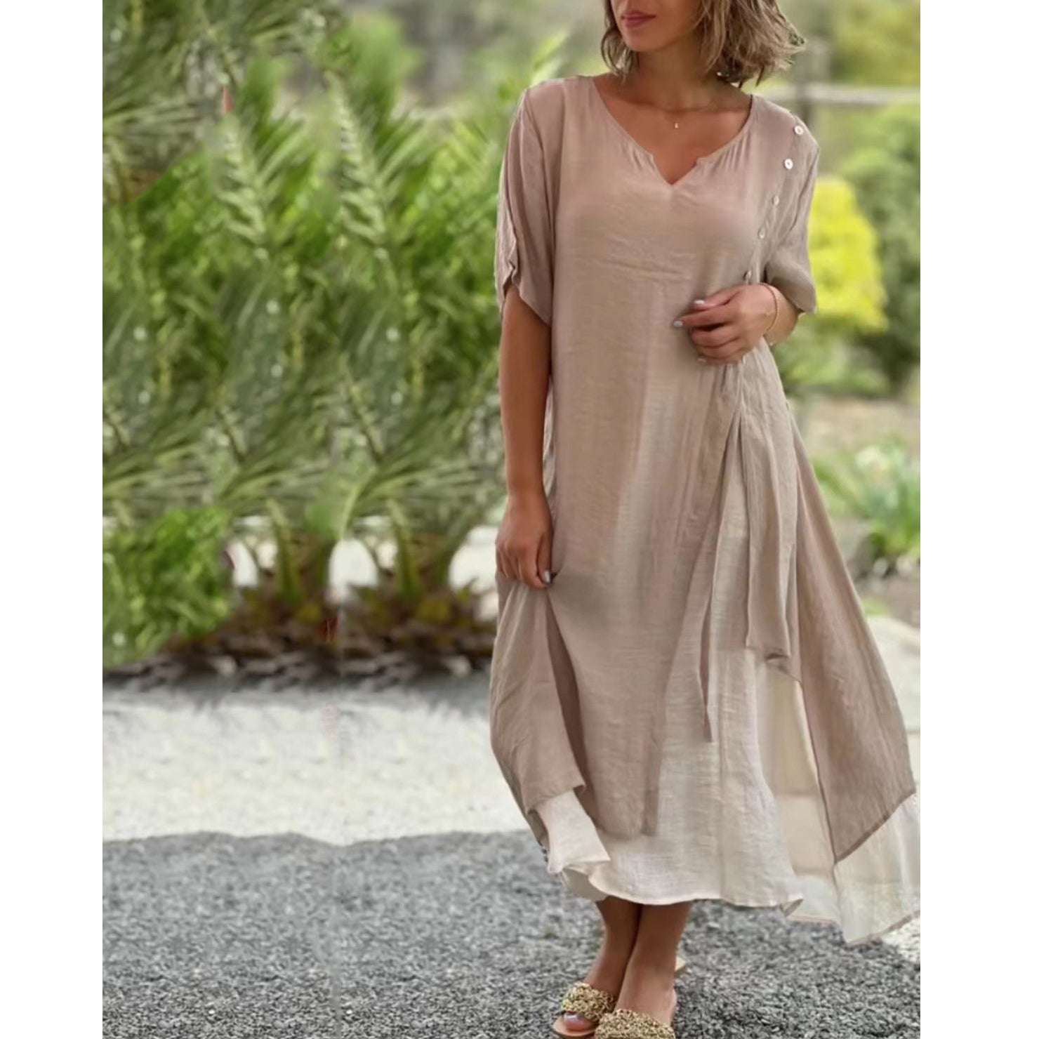 💐💐【S-4XL】Modna, nieregularna, dwuczęściowa bawełniana sukienka z dekoltem w serek