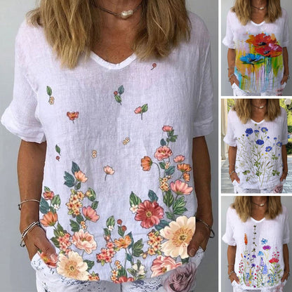 💐👕【S-5XL】2025 🌈T-shirt z krótkim rękawem i bawełnianą lnianą nadrukiem w kwiaty