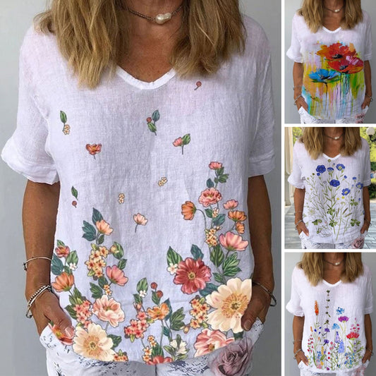 💐👕【S-5XL】2025 🌈T-shirt z krótkim rękawem i bawełnianą lnianą nadrukiem w kwiaty