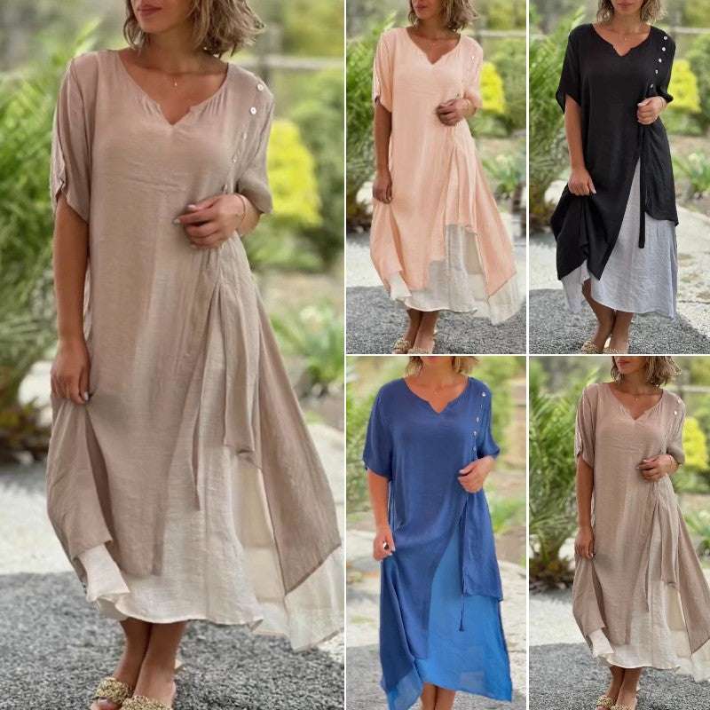 💐💐【S-4XL】Modna, nieregularna, dwuczęściowa bawełniana sukienka z dekoltem w serek