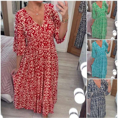 【S-5XL】Letnia sukienka Bohemian ze średnimi rękawami, dekoltem V, talią
