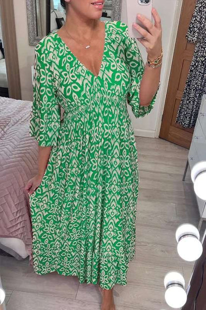 【S-5XL】Letnia sukienka Bohemian ze średnimi rękawami, dekoltem V, talią