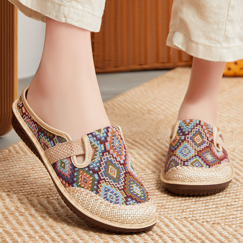 🥰【35-41】Klapki damskie z haftowaną lnianą miękką podeszwą