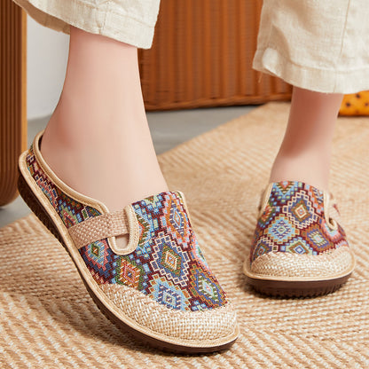 🥰【35-41】Klapki damskie z haftowaną lnianą miękką podeszwą