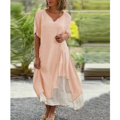 💐💐【S-4XL】Modna, nieregularna, dwuczęściowa bawełniana sukienka z dekoltem w serek