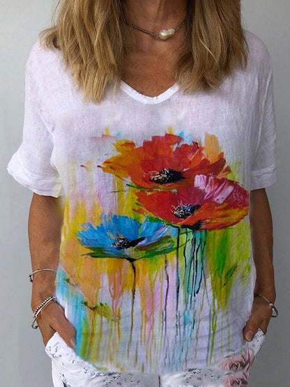💐👕【S-5XL】2025 🌈T-shirt z krótkim rękawem i bawełnianą lnianą nadrukiem w kwiaty