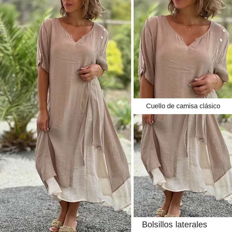 💐💐【S-4XL】Modna, nieregularna, dwuczęściowa bawełniana sukienka z dekoltem w serek