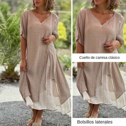 💐💐【S-4XL】Modna, nieregularna, dwuczęściowa bawełniana sukienka z dekoltem w serek